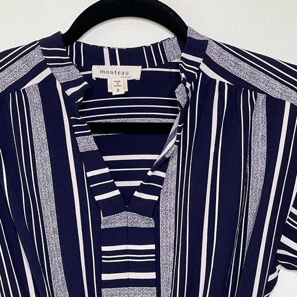 Monteau Belt A-Line Dress Striped Short Coastal Nautical Country Club Blue S - Picture 3 of 12